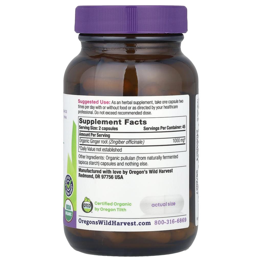Oregon'S Wild Harvest, Organic Ginger, Veggie Caps, 90 Count (500Mg/Capsule)