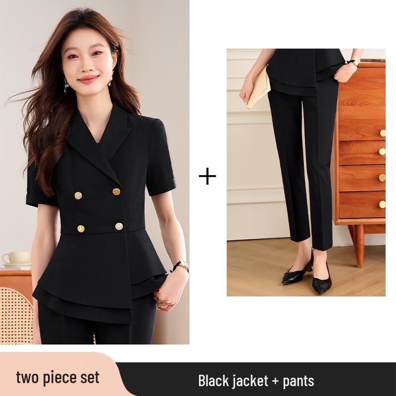 Women's Summer Short-Sleeve Suit Set - Elegant, High-End Professional Attire for Front Desk Managers
