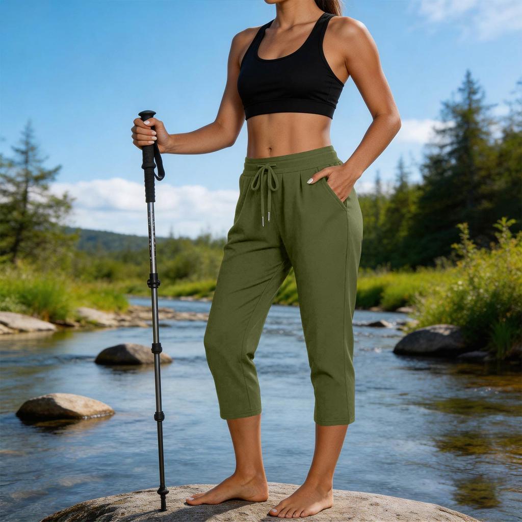 Women Drawstring Waist Capri Pants Soft Lightweight Cropped Lounge Pants with Pockets Relaxed Fit for Daily Wear