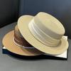 2025 Summer Elegant Pearl Chain Flat Sun Hats for Women Chapeau Feminino Straw Hat Panama Wide Brim Anti-UV Beach Cap Girl Topee