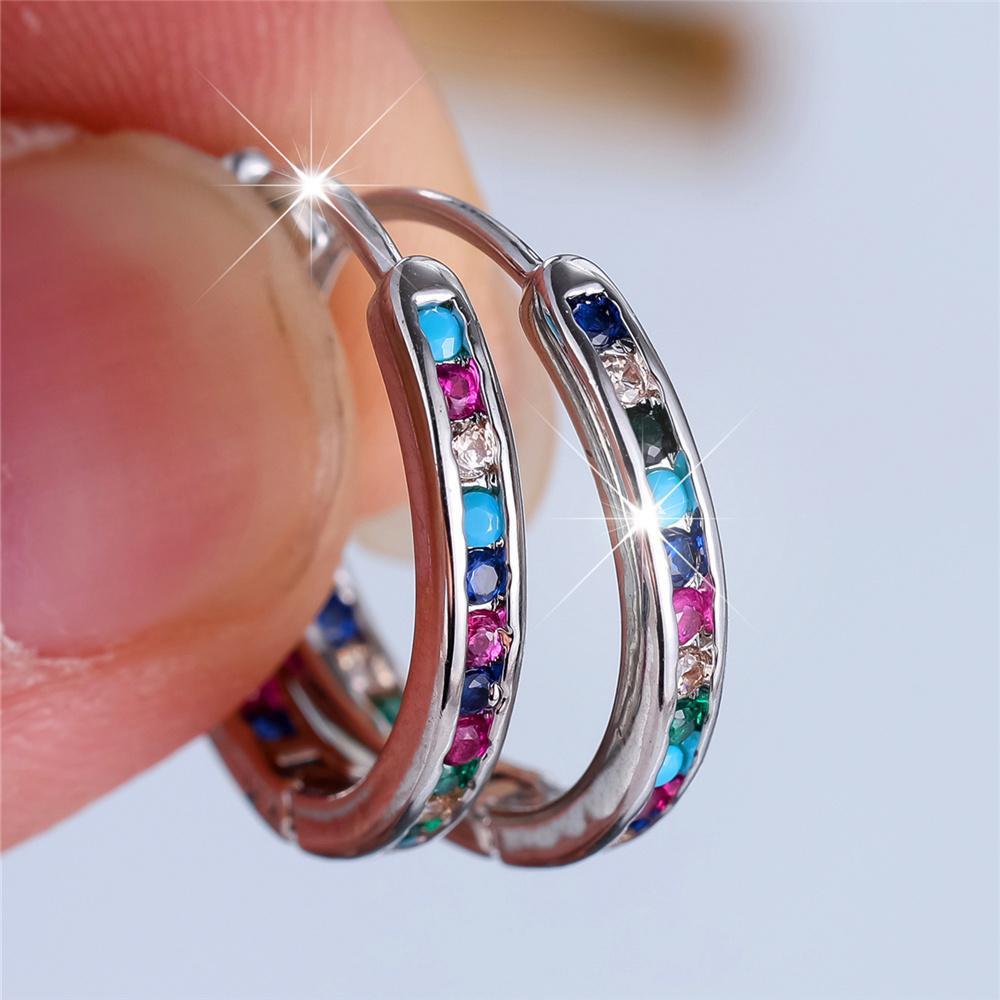 Cute Female Rainbow Zircon Stone Round Hoop Earrings  Silver Color Wedding Jewelry For Women