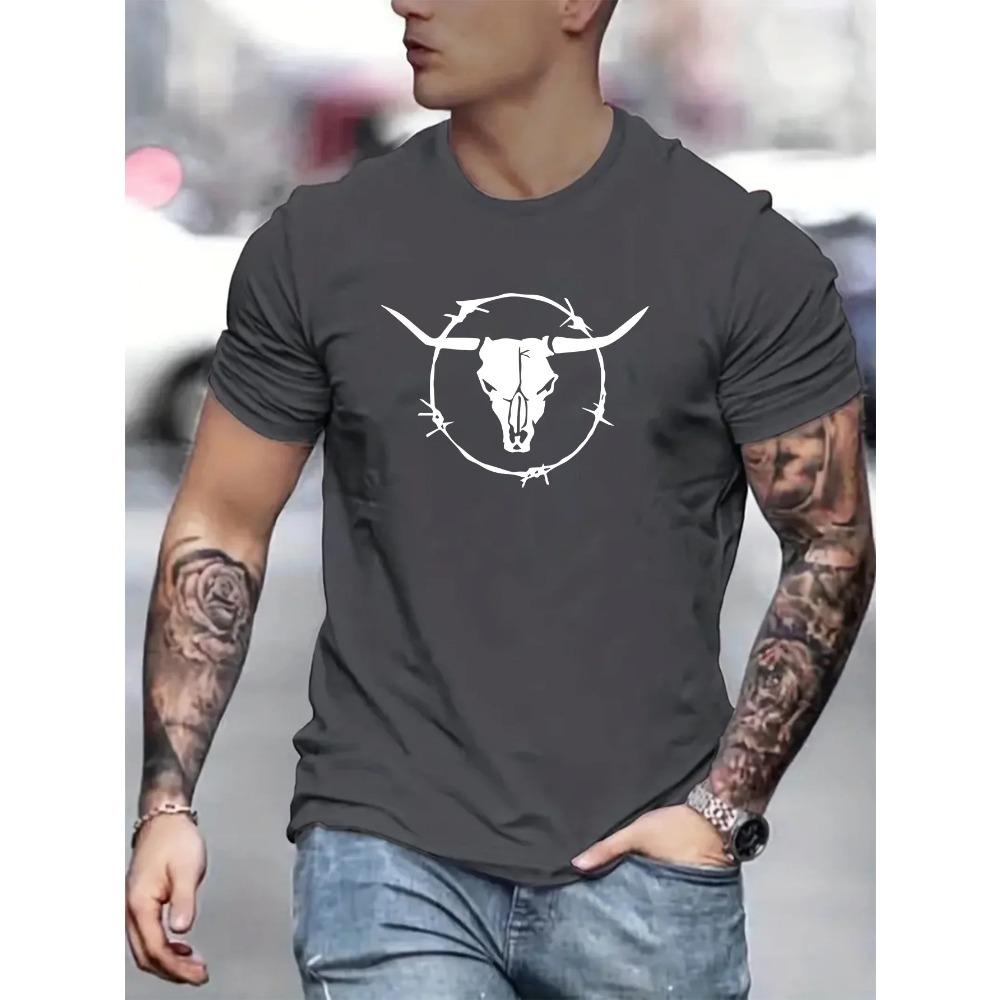 Men's Summer 100 Cotton Fashionable Casual Loose Plus Size Bull Skull Print Sports Round Neck Short Sleeved T-shirt Top