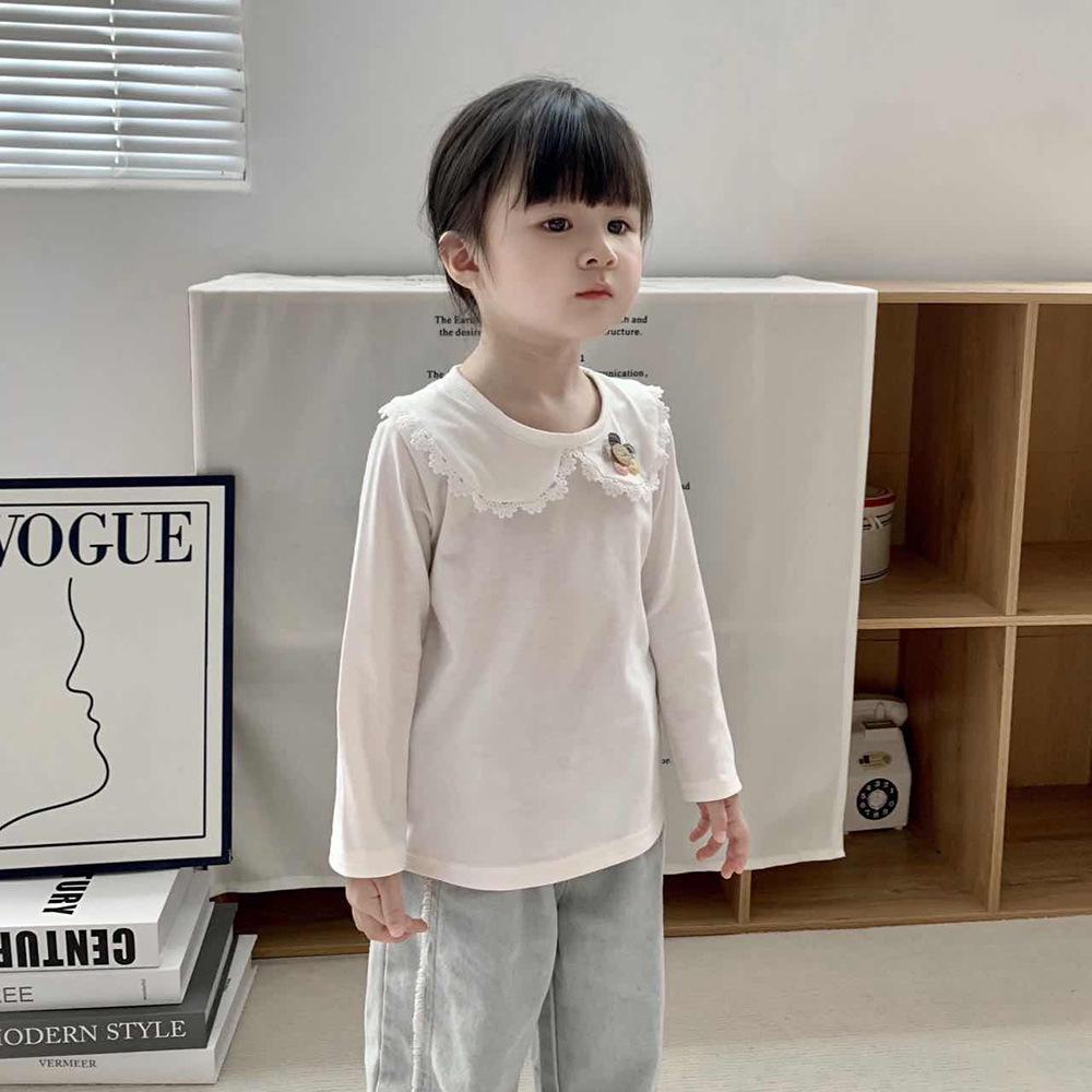 Girls' White Peter Pan Collar Long Sleeve Cotton T-Shirt for Spring/Autumn