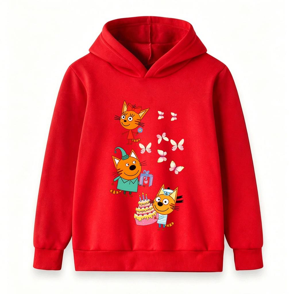 Kids Boys Girls Hoodie Cartoon Orange Cats Butterflies Print Pullover Hooded Sweatshirt Casual Birthday Party Streetwear Soft Warm Children