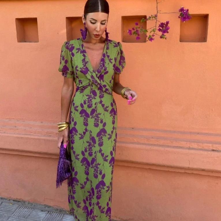 European and American women's clothing fashion pleated printed long dress elegant slim V-neck short-sleeved dress