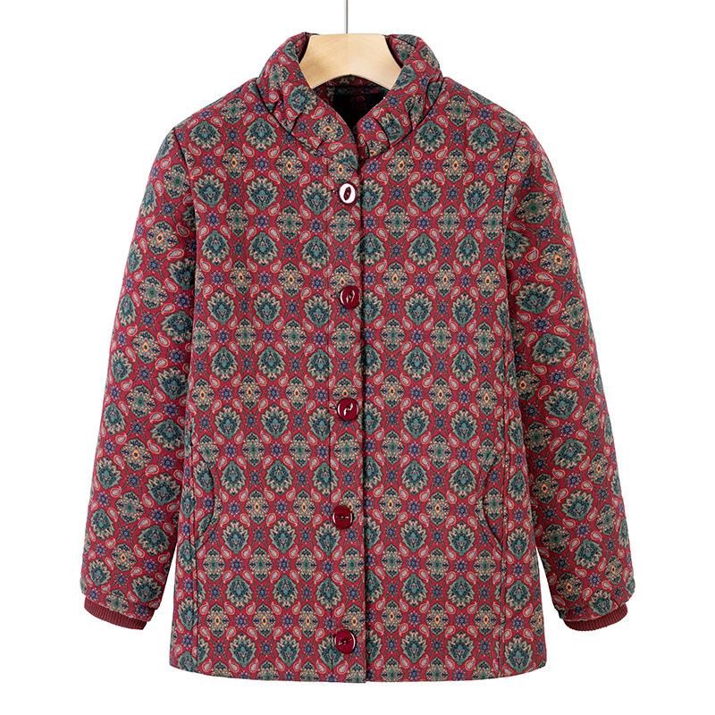 Floral Velvet-Lined Winter Coat for Middle-Aged and Elderly Women
