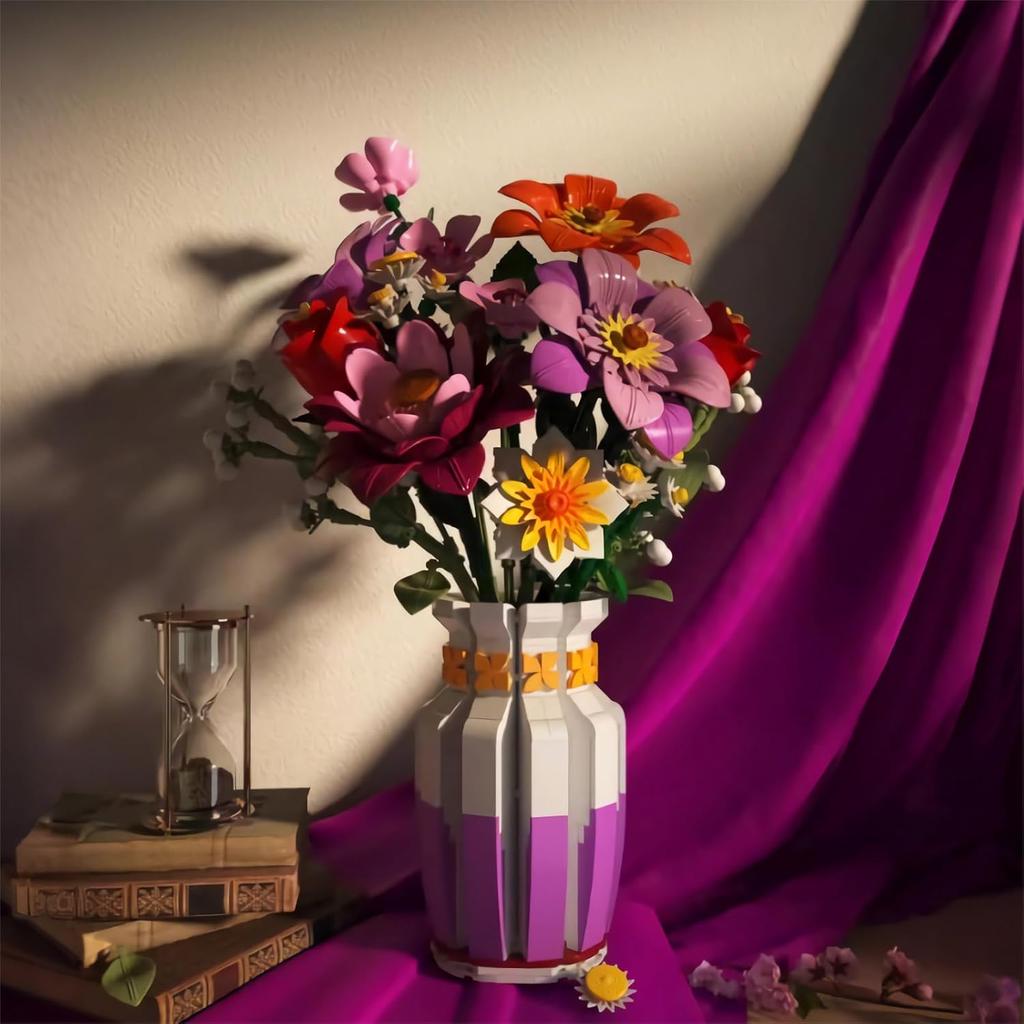 Flowers Bouquet Building Set with 2 in 1 Vase, 16 Flowers Bouquet Sets for Adults & Women, Compatible with Lego Flowers Bouquet, for Wife Mom Mother