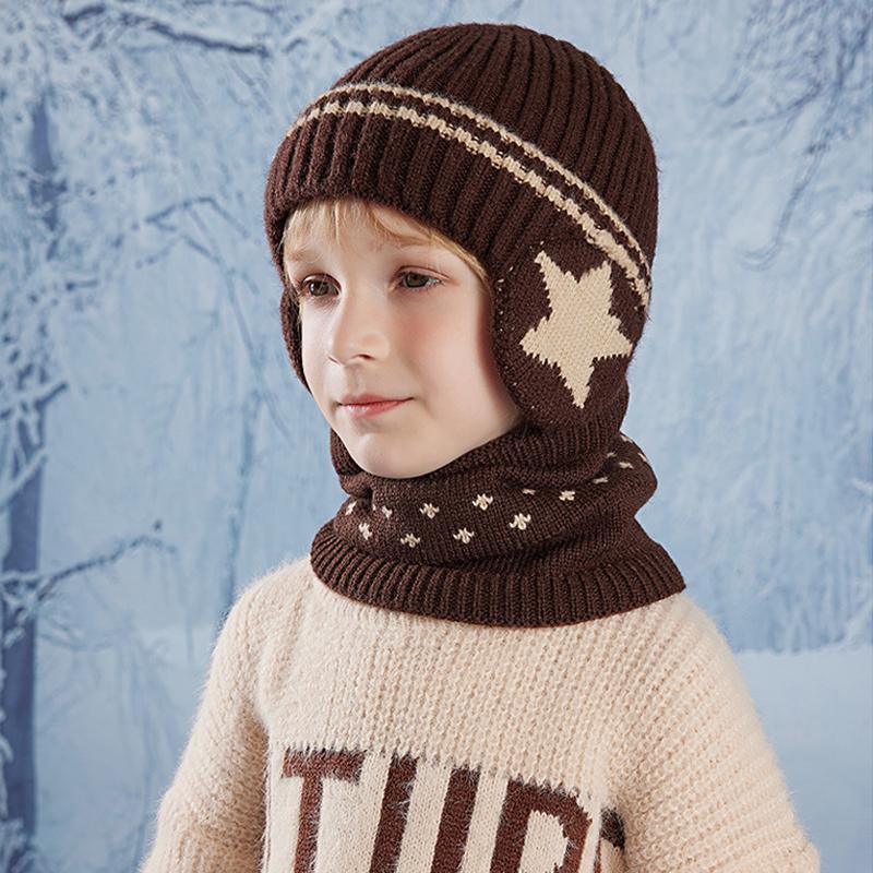Children's Hat Scarf Suit Winter Velvet Warm Ear Protection Coldproof Knitted Wool Cap Boys Girls Pullover Cap