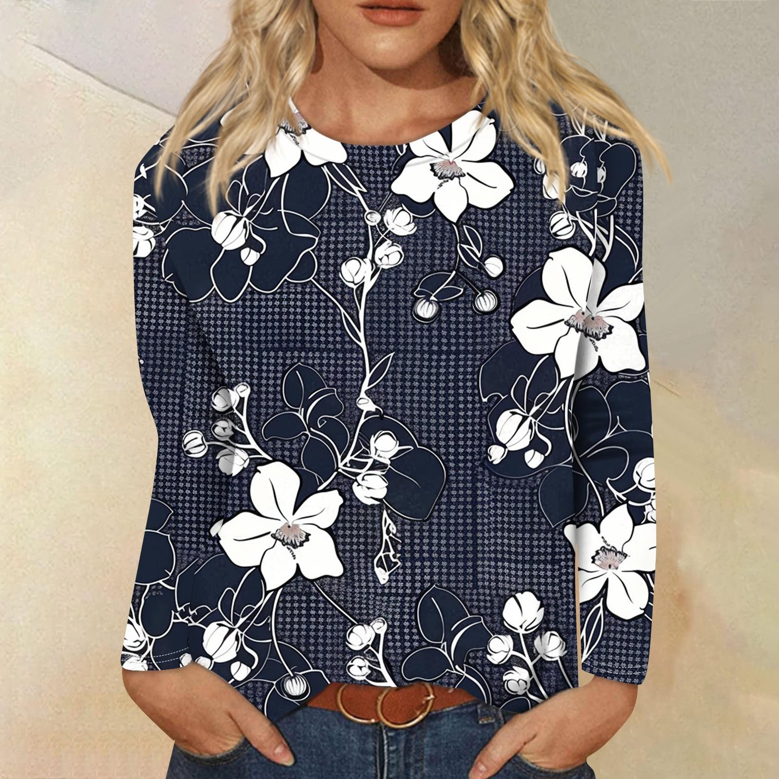 

Женская мода Повседневная ретро-принт с круглым вырезом и длинным рукавом Декоративная футболка Топ XXXXL тёмно-синий