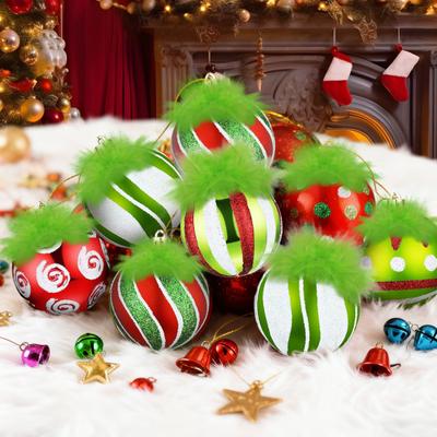 2.4 Inch Christmas Ball Ornaments with Fuzzy Green Hair Glittering Hanging Furry Elf Ball Decoration Red Green Plastic Ball Ornament for Xmas