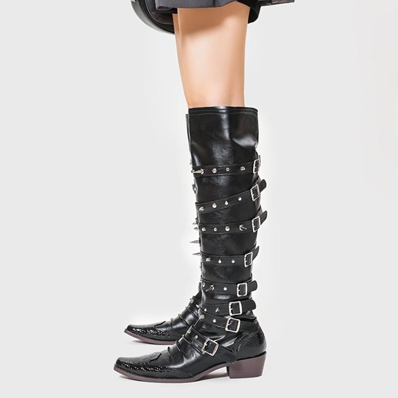 Fashion Fashion Rivet Metal Buckle Decoration Women Knee-High Knight Boots Autumn Winter Punk Gothic Leather Motorcycle Boots Shoes