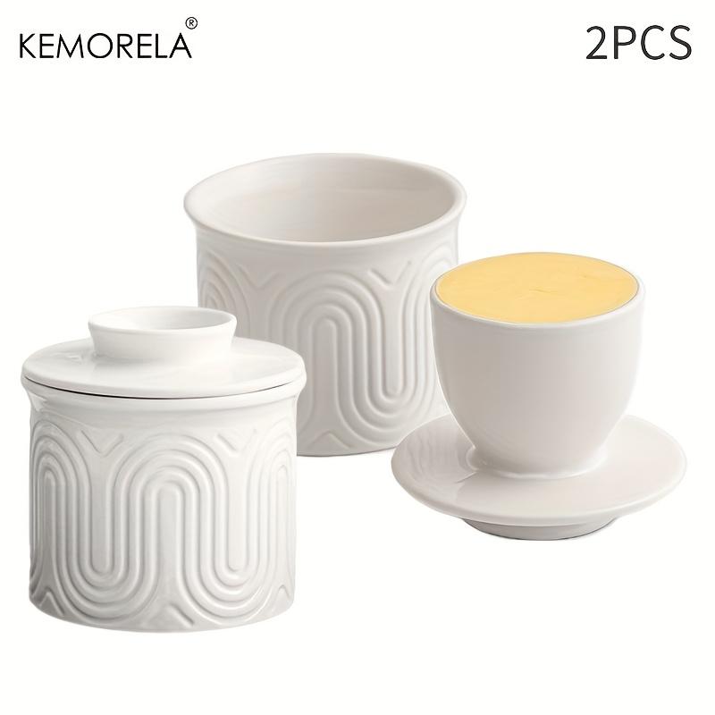Ceramic Butter Jar with Drain, Spreadable Fresh Butter Decorative Container for Kitchen - White Arched Stoneware, 1 Pc, 2Pcs