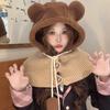 Women's Winter Warm Wool Hat Scarf Integrated Bear Ear Protection Knit Hat Women