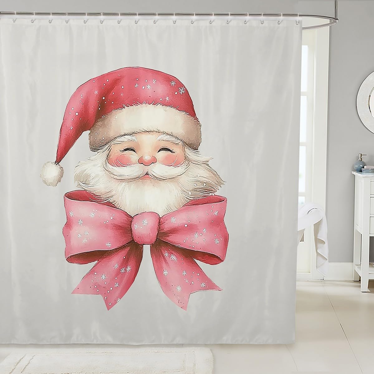 

Pink Bowknot Christmas Shower Curtain With Cartoon Santa Claus Pattern, Preppy Coquette Bathroom Decor For Xmas Holiday W60H190(CM)-1 Pcs