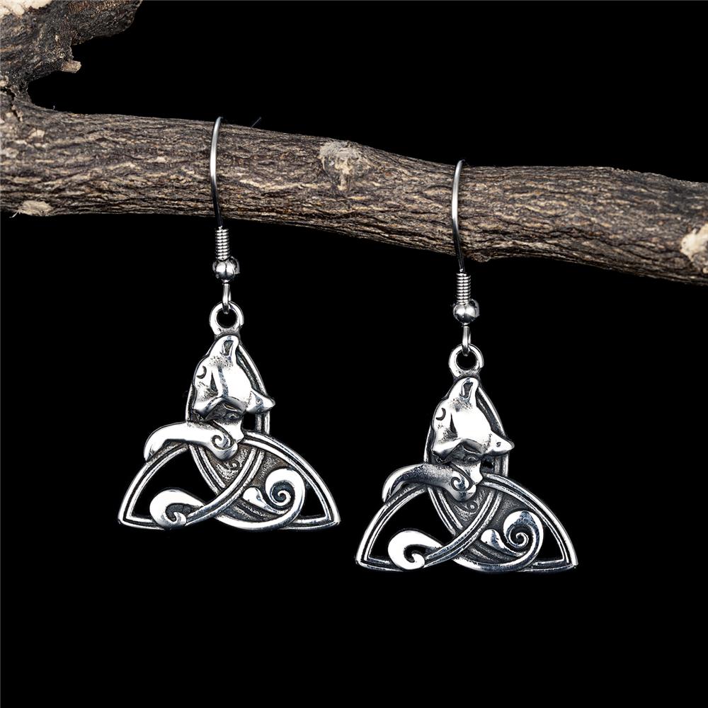 Nordic Runes Triquetra Fox Drop Earrings Women Retro Stainless Steel Female Amulet Vikings Trinity Ear Pendant Icelandic Jewelry