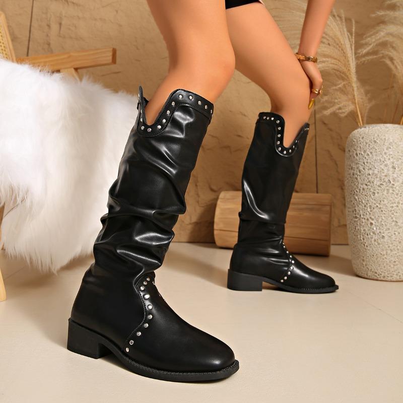 Rivet Mid-Tube Boots Autumn New Square Toe Spliced Sleeve Soft Sole Anti-Slip Wear-Resistant Single Boots