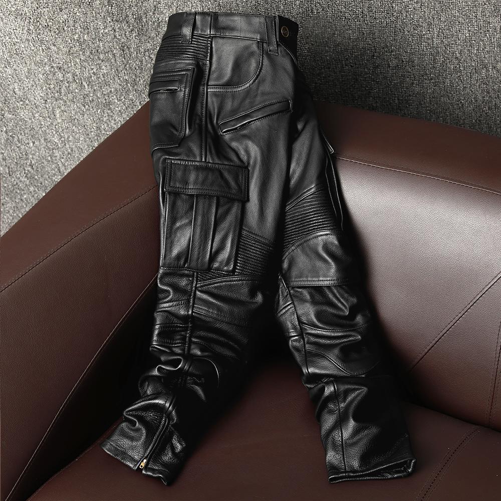 Soft Genuine Leather Motorcycle Riding Pants with Armor Pads for Men Women Winter Fall