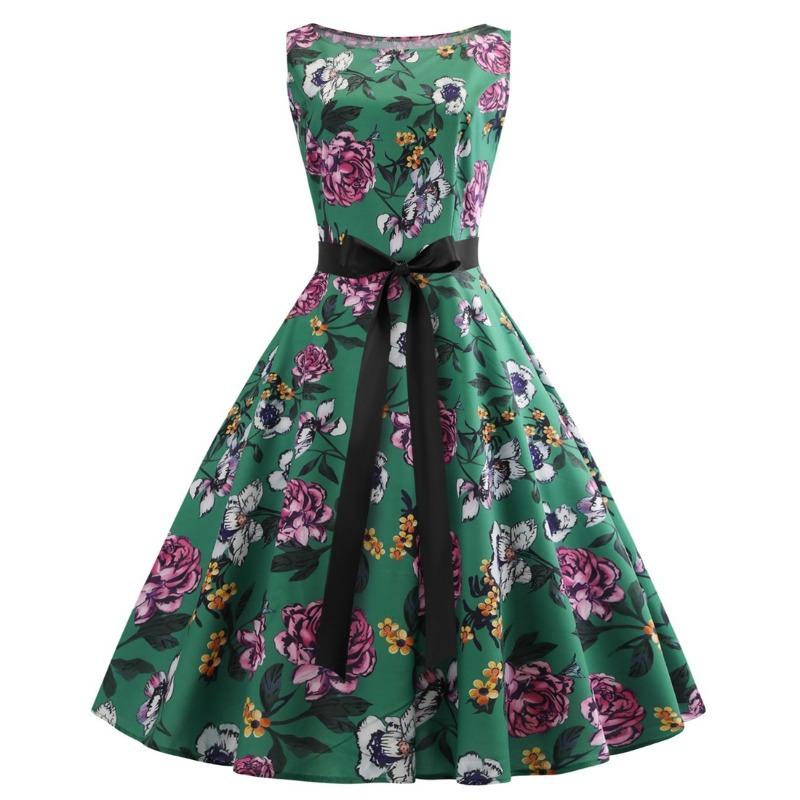 

Summer new retro, one-word neck sleeveless print pendulum dress XXL