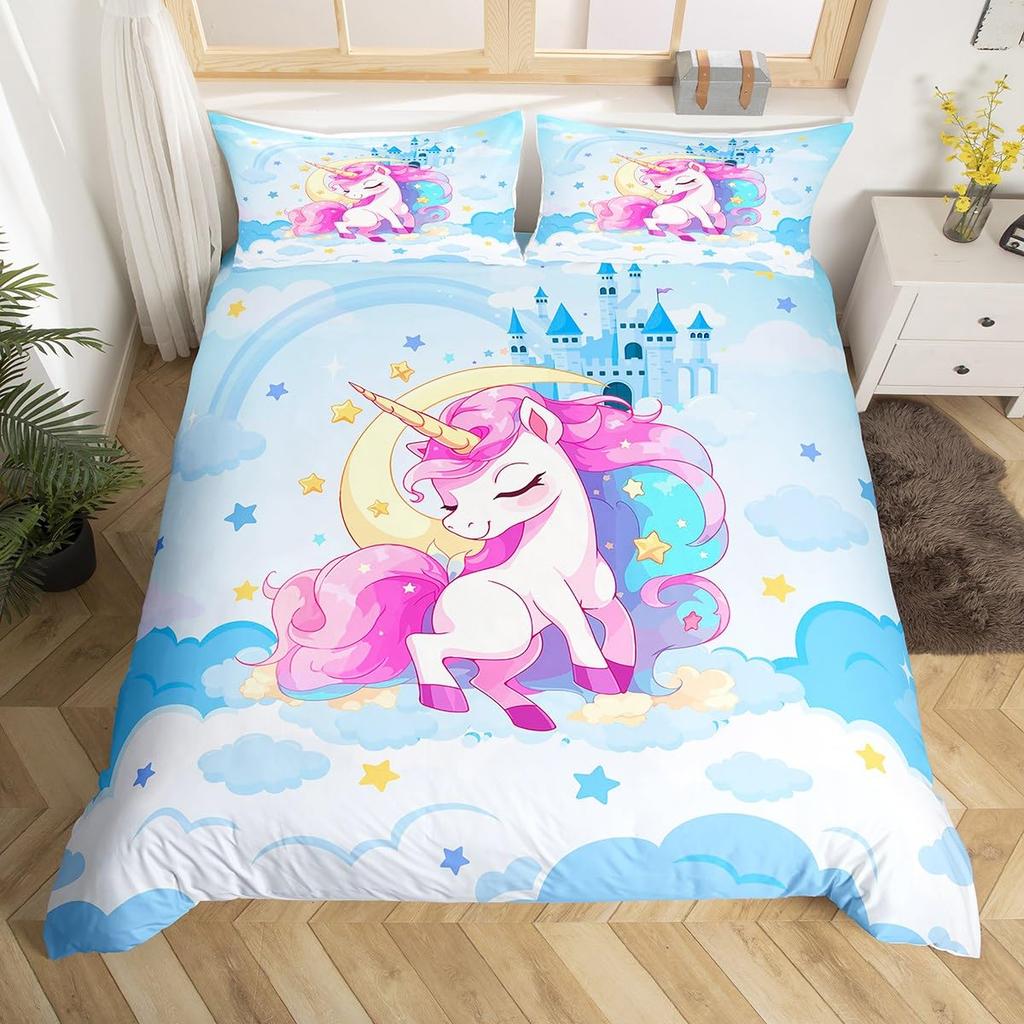 Unicorn Bedding Set Full QueenCartoon Rainbow Animal Comforter Cover Kids Girls Glitter Unicorn Duvet Cover Kawaii Quilt Cover