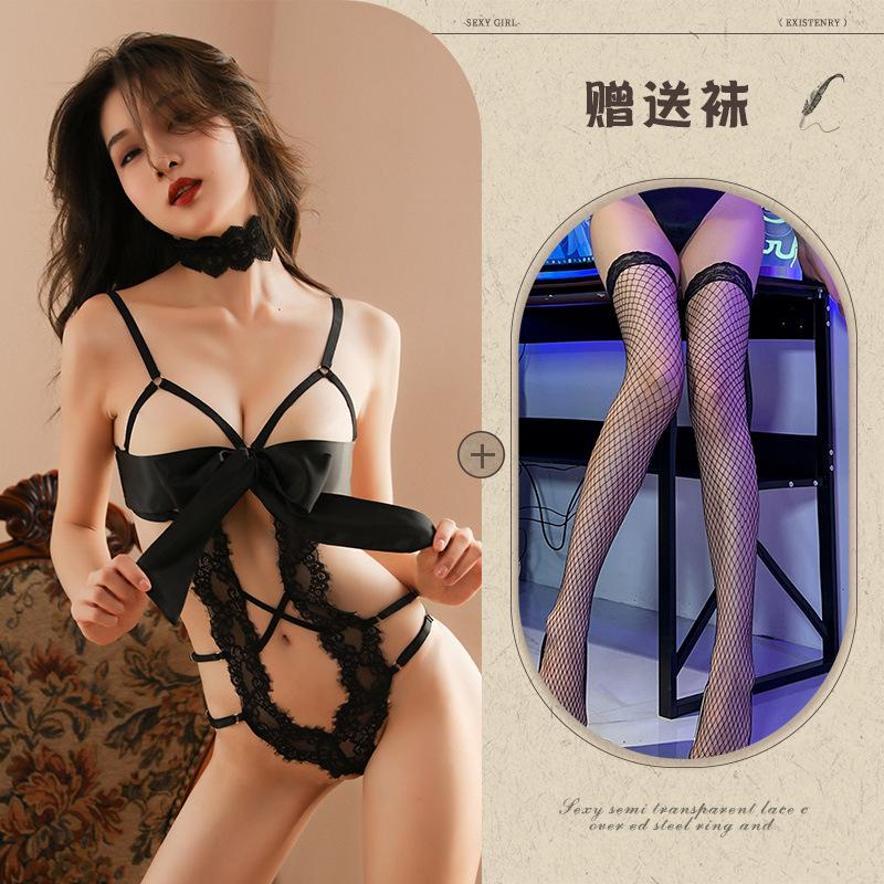 Night Listening Incense Lingerie Sexy Hollow Pajamas Bow One-piece Uniform Seduction Lace Pure Desire Flirting 0