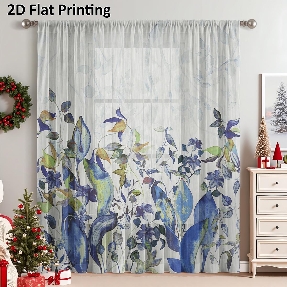 

Artistic Blues Forest Style Plant Window Screen Cool Toned Light Luxury Quiet Atmosphere High End Decorative Scr Curtains Made Of Polyester W100*H70(CM)-Grommet top&1PCS