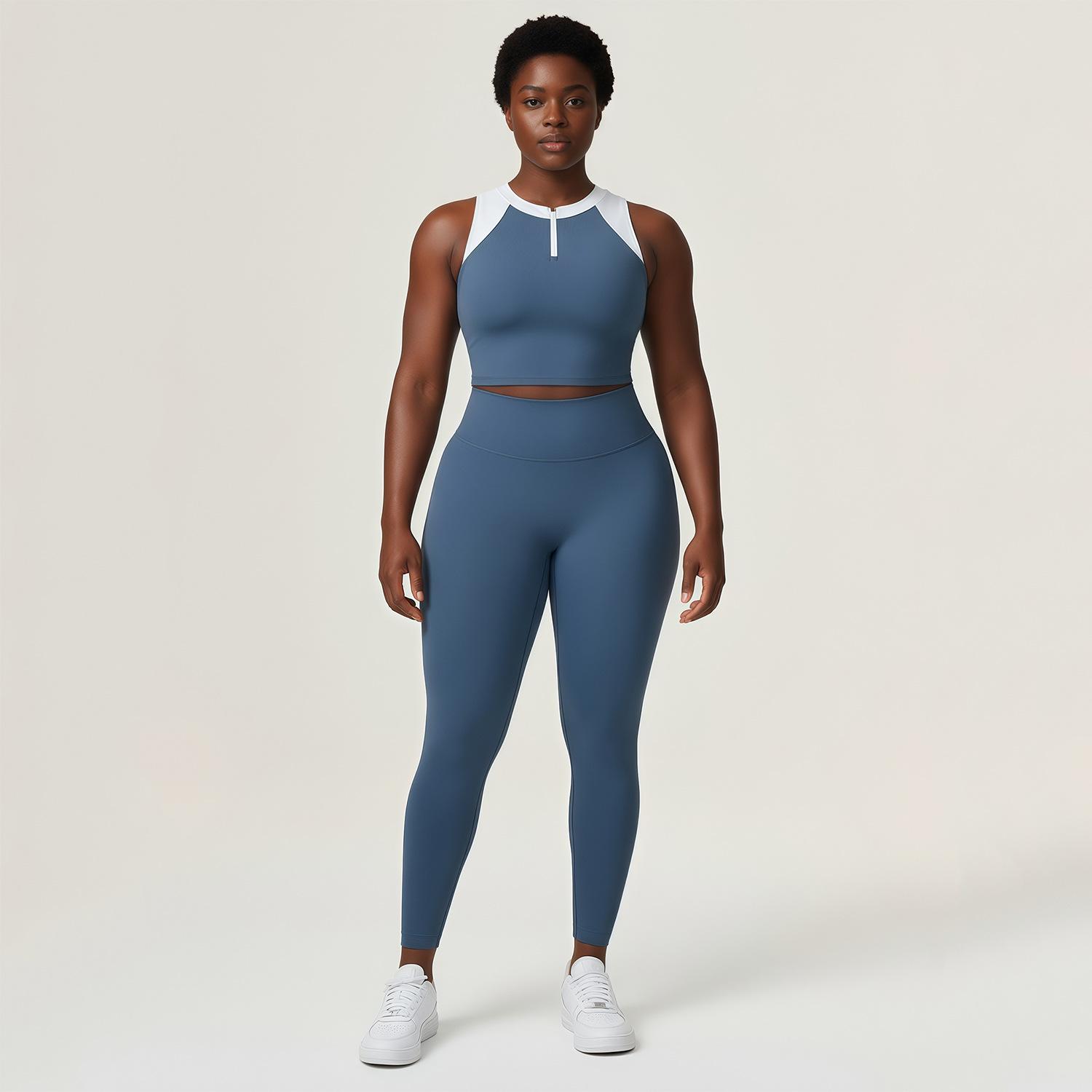 

Color Block Half-Zip Yoga Set: Sleeveless Top & High-Waist Quick-Dry Pants Large
