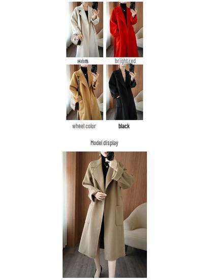 Damski płaszcz wełniany średniej długości dwustronny - 100% czysta wełna, luźny krój, pogrubiony na zimę