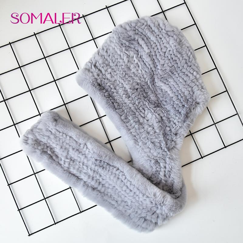 SOMALER Vinter kaninpelshue Skjerf for kvinner Russisk stil strikket pelsbeanies og skjerf