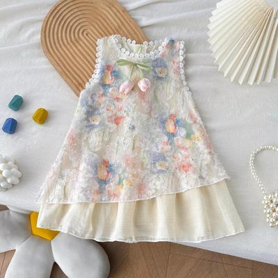 Sommer-Spitzen-Ärmelloses Kleid für Mädchen Blumen-Neckholder-Kleid Urlaubs-Stil Prinzessinnenkleid