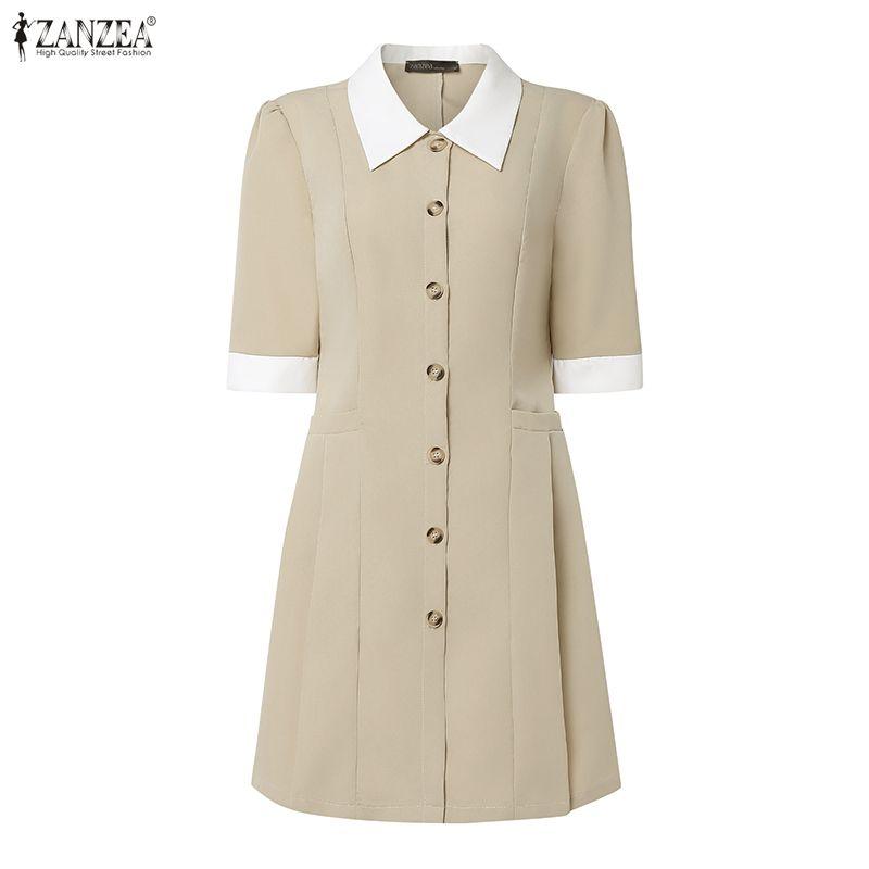 ZANZEA Women Turn Down Collar Summer Casual Short Sleeve Dress