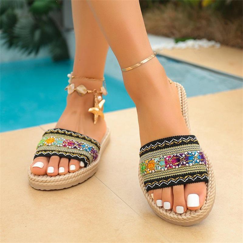 Ethnic Style Thick-Soled Large Size Casual Open-Toe Flip-Flop Sandals with Hemp Rope Sole