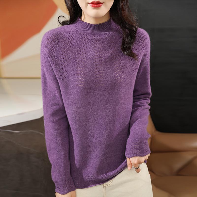 Women's Half-High Collar Wool Knit Sweater: Long Sleeve, Versatile Base Layer with Hollow Knit Design for Autumn and Winter