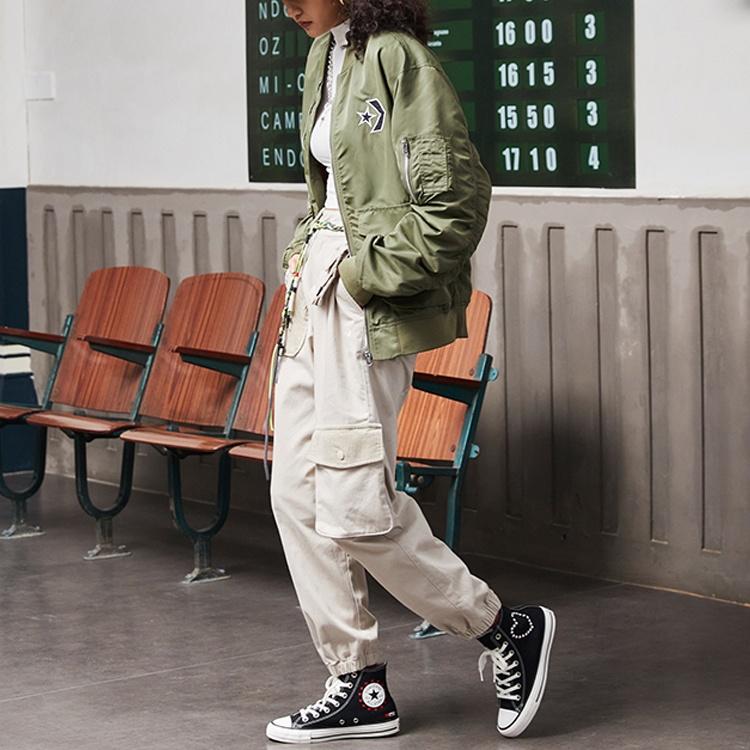 Converse Logo Loose Sports Retro Aviator Jacket Couple Style Green Men's 10024169-A02