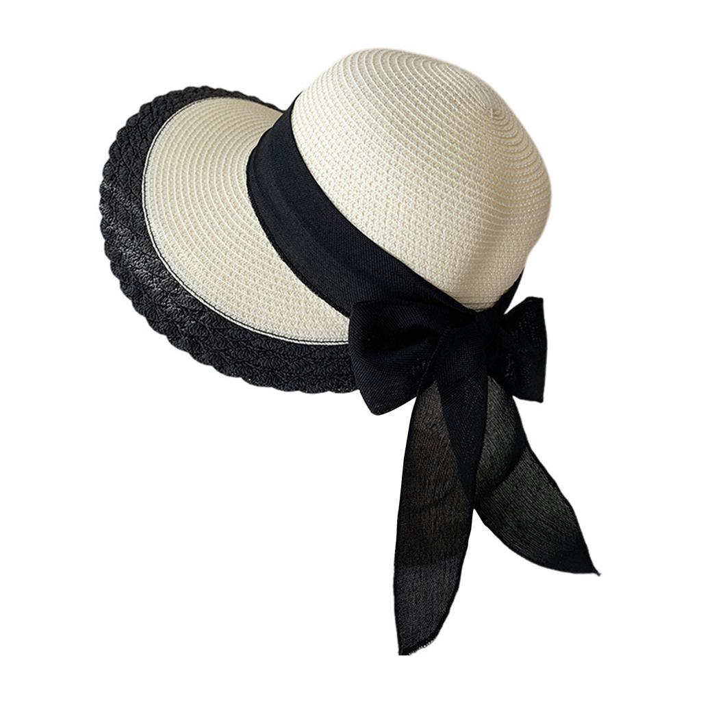 Women Wide Brim Straw Hat Lace Edge Design Beach Caps with Bowknot for Outdoor Sports Hiking Travel