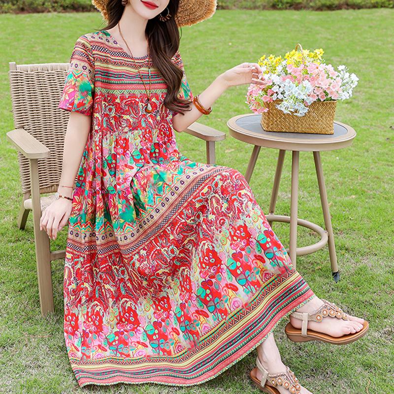 Elegant Women's Summer Dress Loose Short Sleeve Plus Size Casual Long Dresses Vintage Clothes