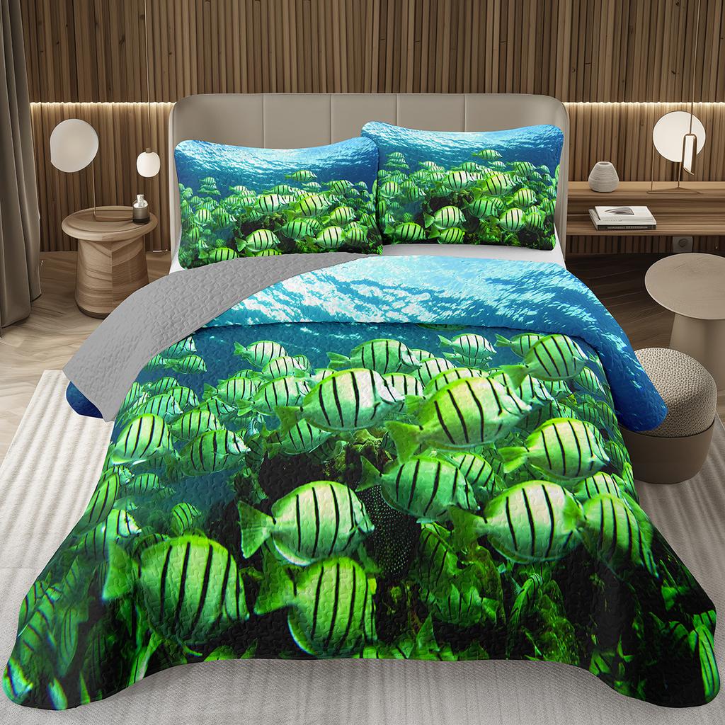 Fish Bedspread Twin Queen Ocean Marine Theme Coverlet Set for Boys Girls Teens Room Soft Lightweight Sea Animal Quilted Bedding