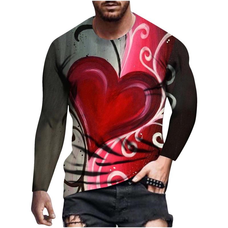 3D Printed Love Heart Swirl Print Summer Men's Crew Neck T-Shirt Casual Long Sleeve Loose T-Shirt Fashion Pullover Men Clothing