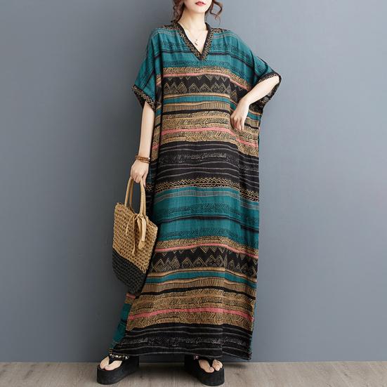 Plus Size Cotton Linen Maxi Dress for Women Loose V-Neck Short Sleeve Long