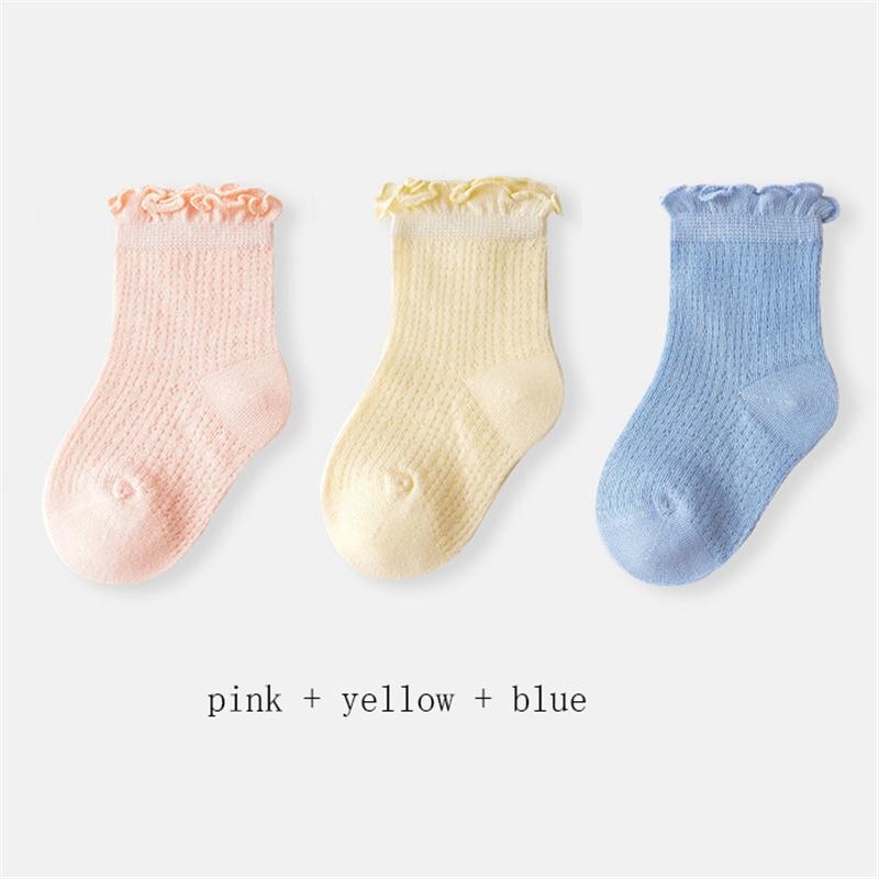 3 Pary/Partia Letnie Dziecięce Siateczkowe Cienkie Skarpetki Jednolite Miękkie Bawełniane Skarpetki Noworodkowe Księżniczka Falbanka Niemowlę Maluch Dziewczynki Śliczne Oddychające Skarpetki