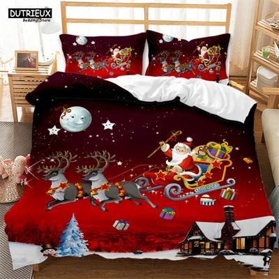 Weihnachten Santa Bettbezug Set Winterthema Cartoon Bettwäsche Set Mikrofaser Weihnachtsmann Elch Kutsche Bettdeckenbezug Mädchen Junge