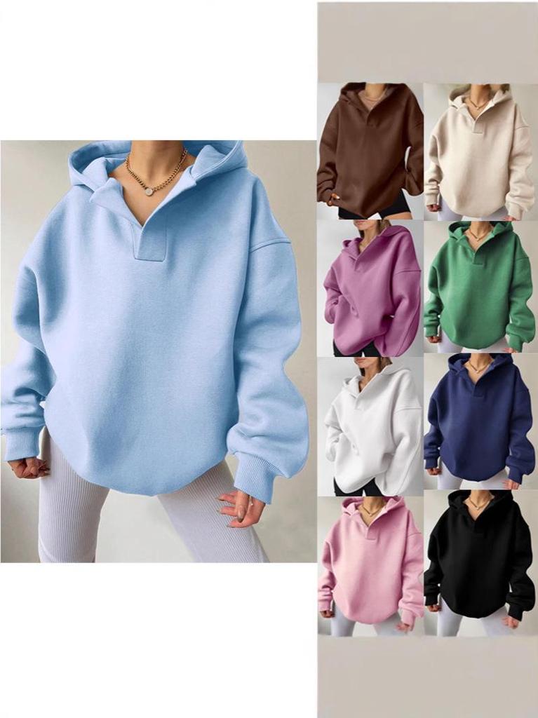 2024 Women's Solid Color Loose Hooded Sweatshirt - Autumn/Winter Long Sleeve Sportswear for Europe & America