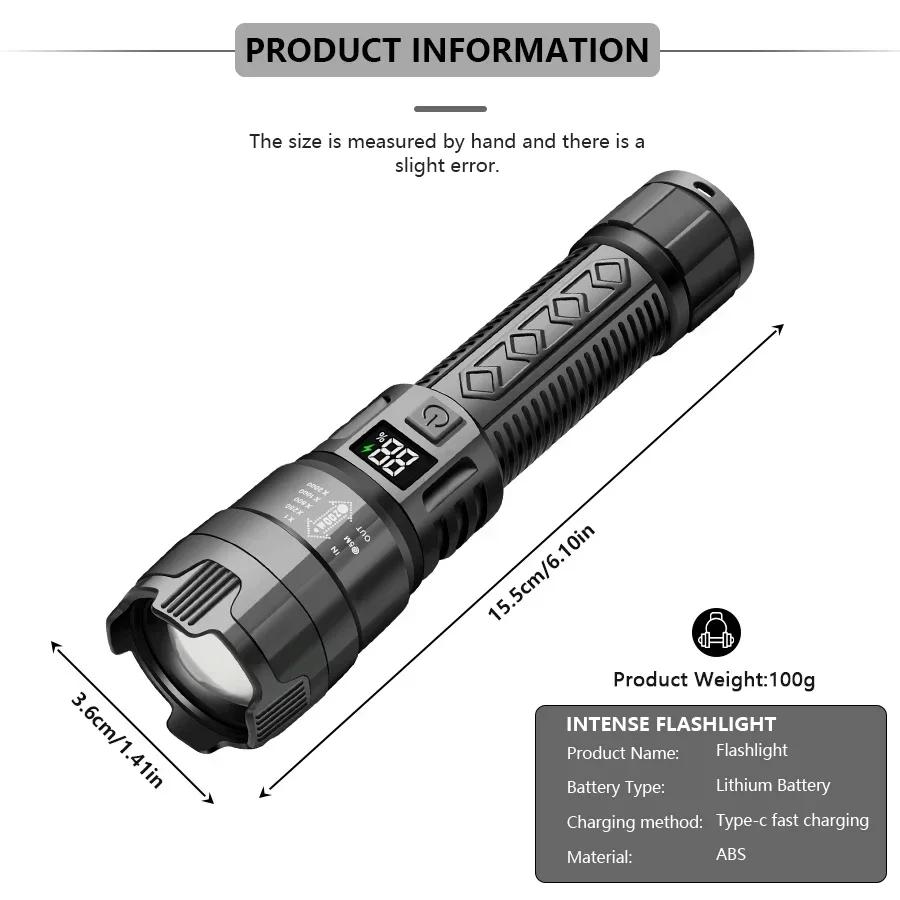High Power LED Flashlight Tactical Torch USB Rechargeable Power Display Zoom Waterproof Lamp Camping Fishing Emergency Outdoor