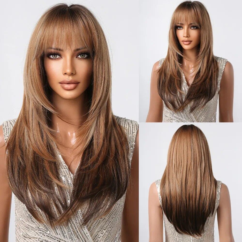 ALAN EATON Light To Dark Brown Layered Wig Long Straight Synthetic Wig Ombre Brown Wig with Bangs for Women for Daily Party Hair