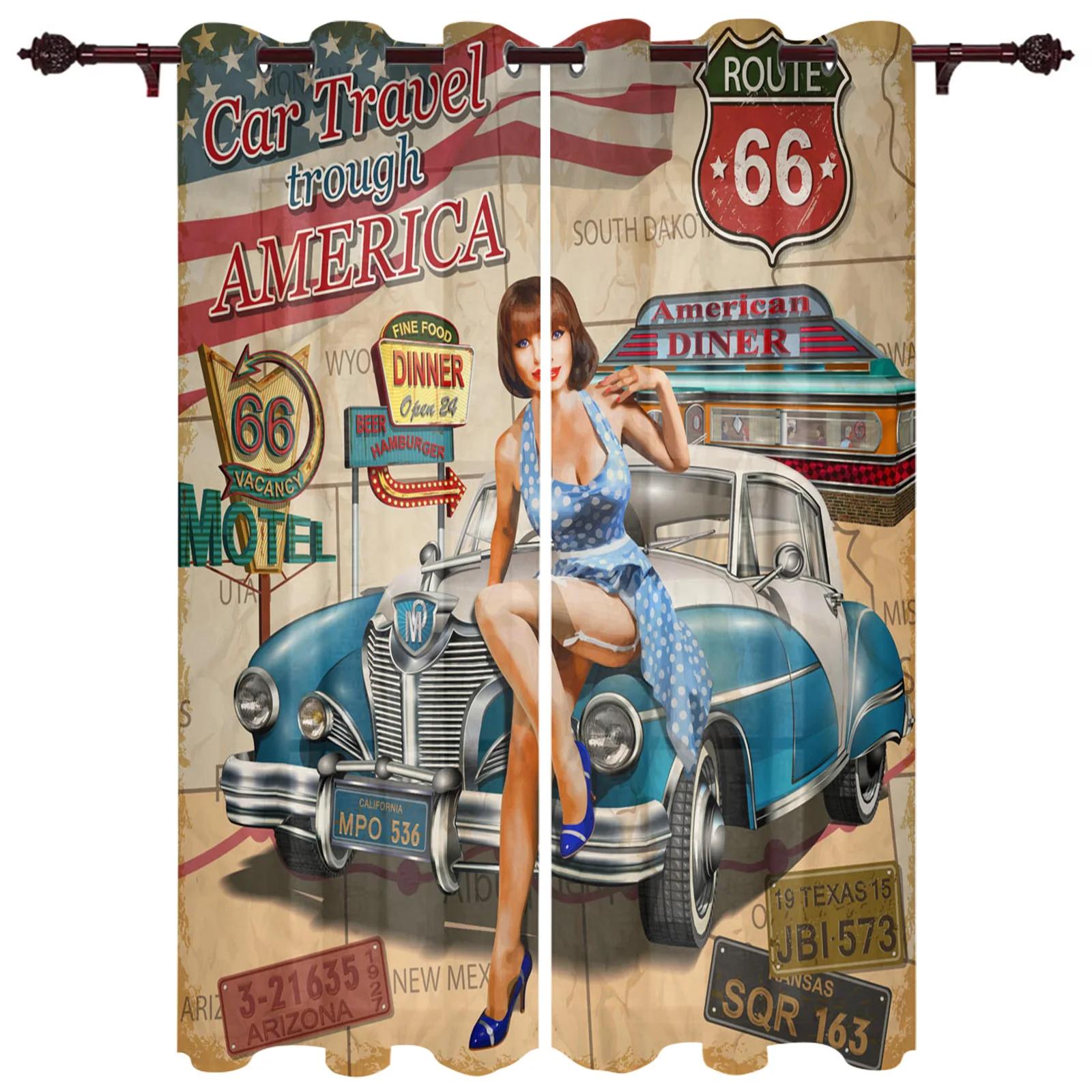 

Route 66 Кухня Шторы Пивное Кафе Логотип Женские Машины Ретро Шторы для Спальни Домашние Оконные Украшения Шторы для Гостиной 100W130H(CM)40x51in&rod pocket