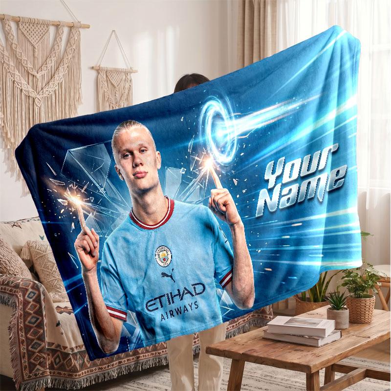 Erling Haaland Personalized Fleece Blanket With Football Logo, Custom Name Text Soft Warm Home Throw Blanket