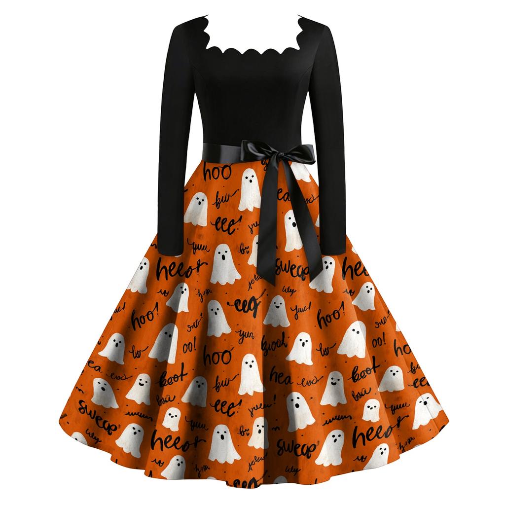 Women's Vintage Long Sleeve Square Neck Halloween Print Party Dress with Flared Skirt and Waist Tie for Evening Events