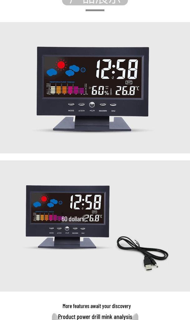 Creative Temperature & Humidity Alarm Clock with Voice-Activated Backlight for Bedroom or Office