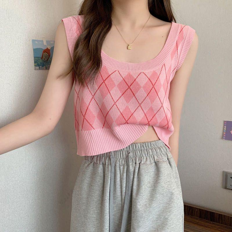 

Summer Knitted Argyle Versatile Short Camisole Tank Women s Slim Outerwear Inner Top one size