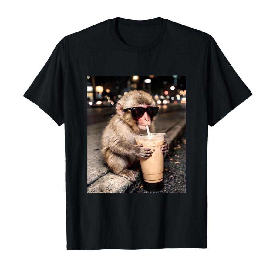 Cute Baby Japanese Macaque Drinking Iced Coffee Monkey Meme T-shirt For Men Women 100% Cotton T Shirts Short Sleeve Tops 0311... S разноцветный
