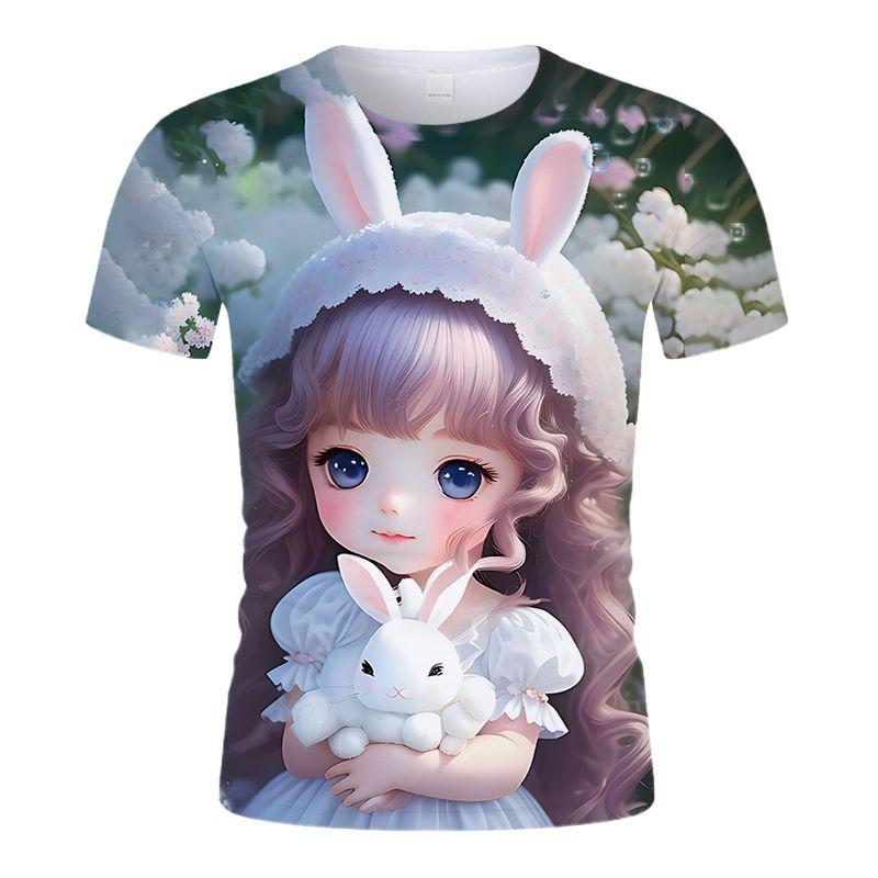 

2024 новая летняя повседневная милая футболка с принтом для маленькой девочки, тонкая, индивидуальная, с коротким рукавом 6XL